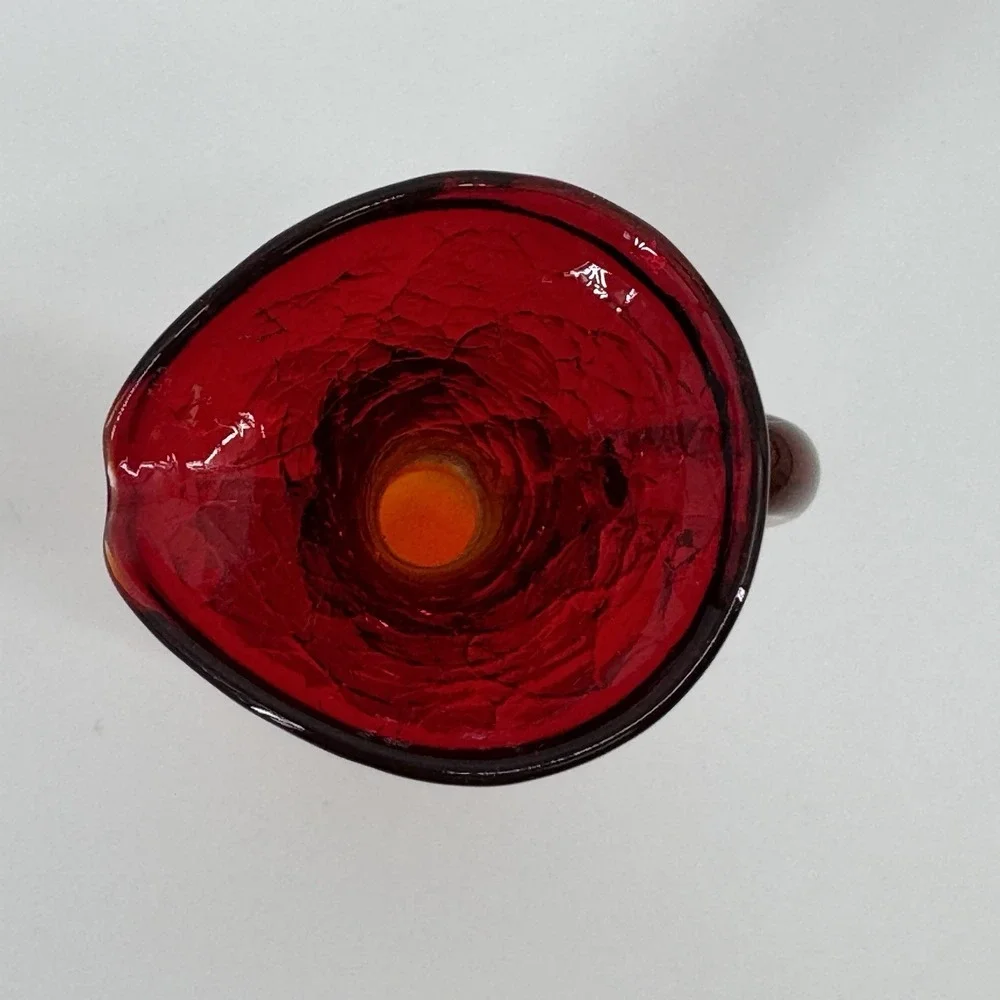 Vintage Amberina Red Crackle Art Glass Pitcher Yellow Handle Hand Blown MCM